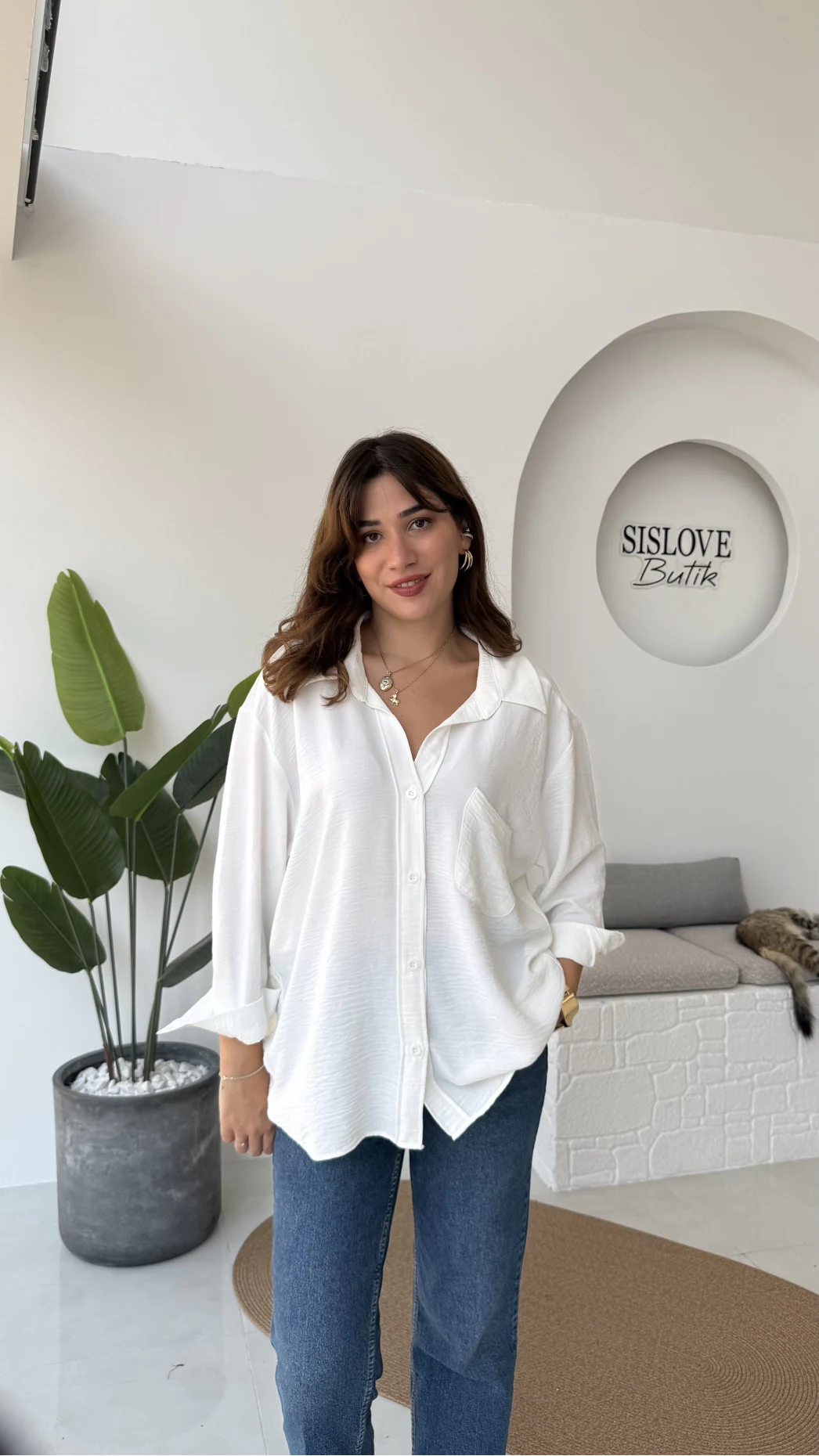 Ayrobin Kumaş Oversize Gömlek - Beyaz