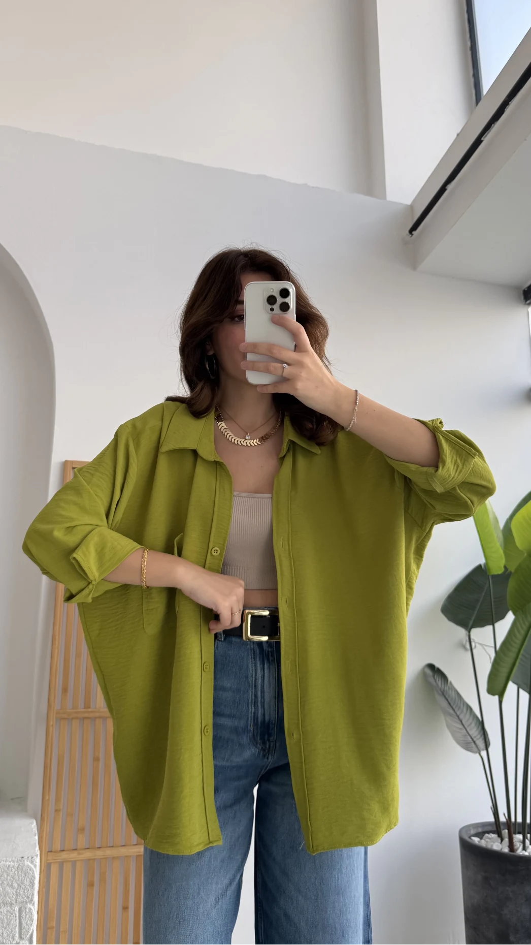 Ayrobin Kumaş Oversize Gömlek - Fıstık Yeşili