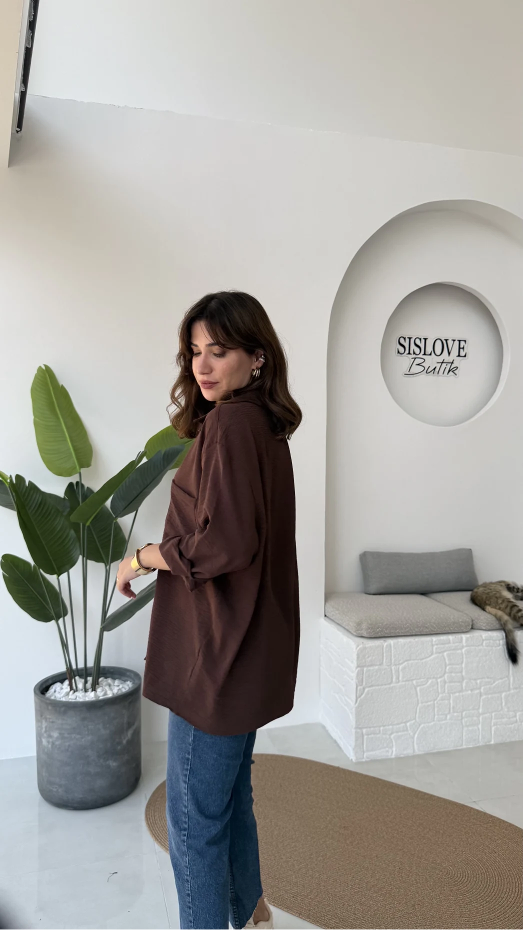 Ayrobin Kumaş Oversize Gömlek - Kahverengi