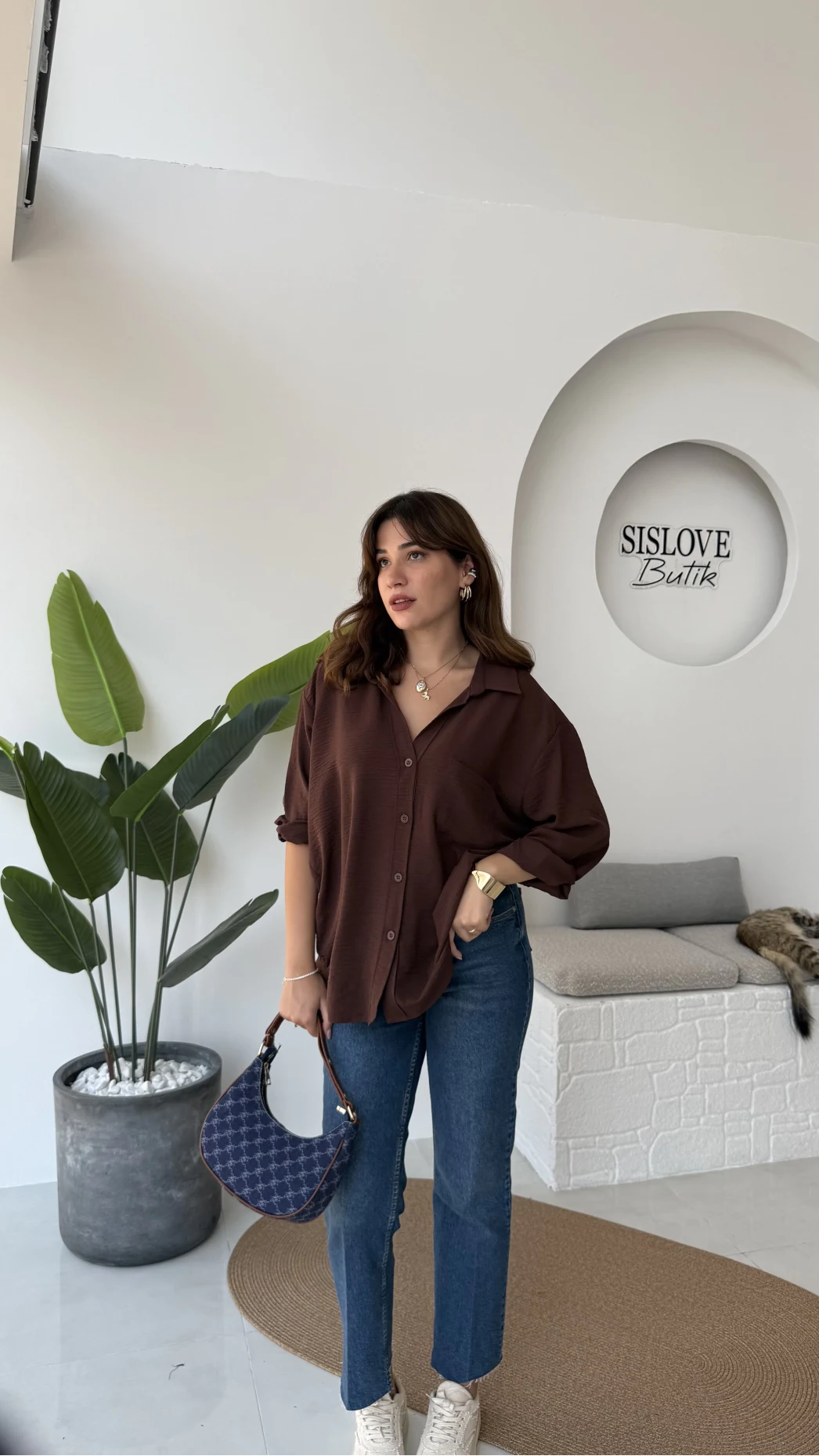 Ayrobin Kumaş Oversize Gömlek - Kahverengi