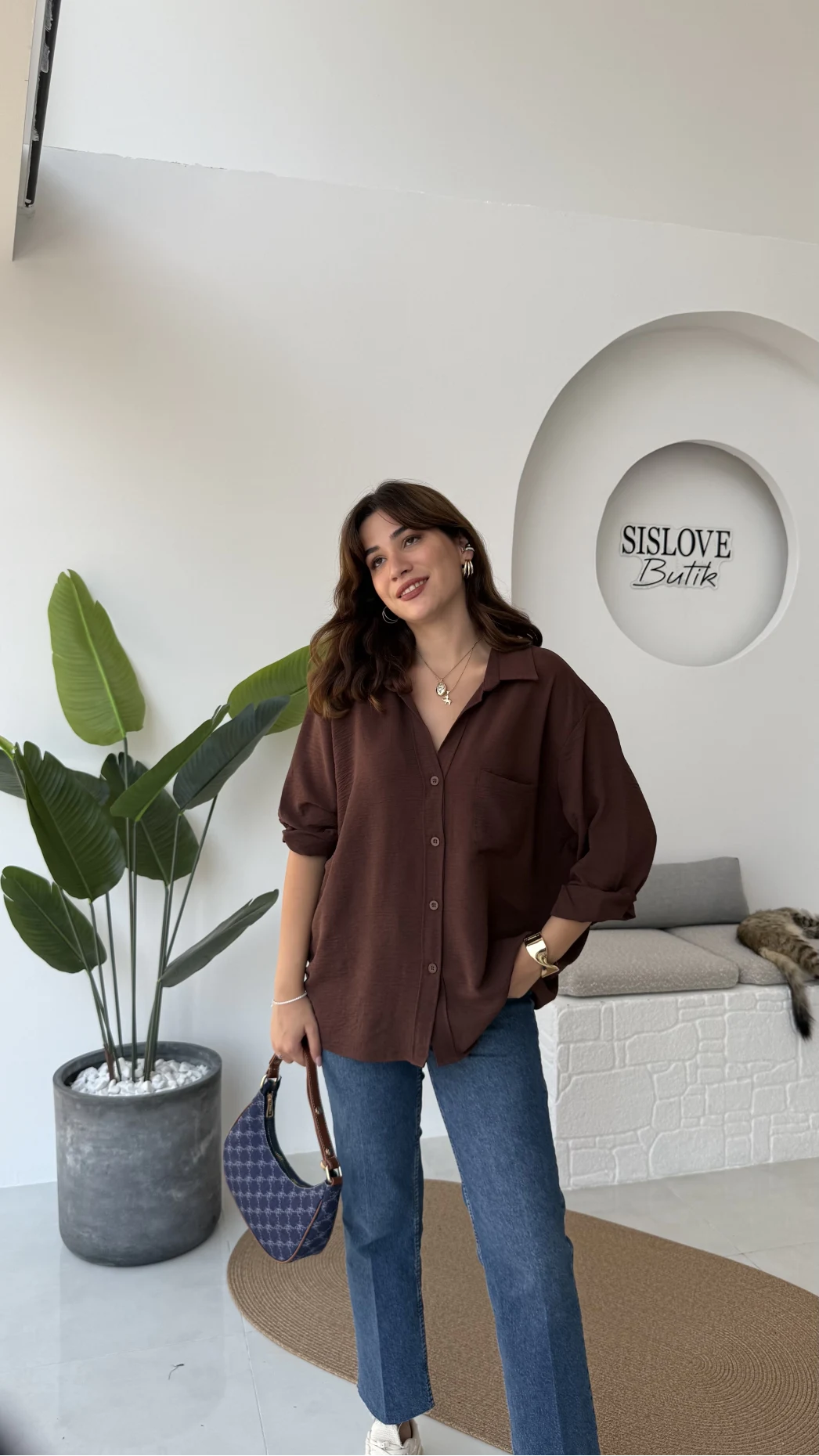 Ayrobin Kumaş Oversize Gömlek - Kahverengi