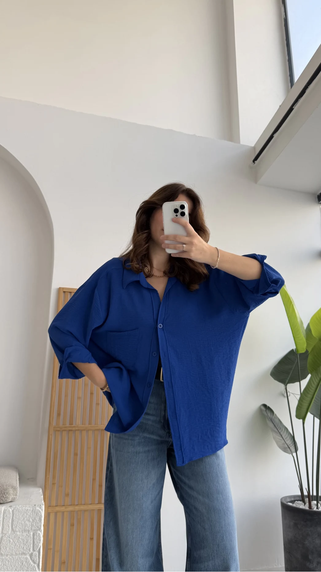 Ayrobin Kumaş Oversize Gömlek - Saks Mavisi
