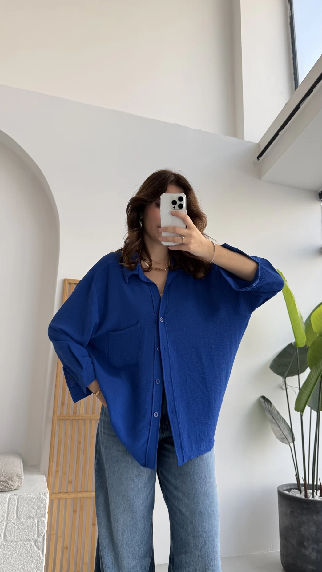 Ayrobin Kumaş Oversize Gömlek - Saks Mavisi