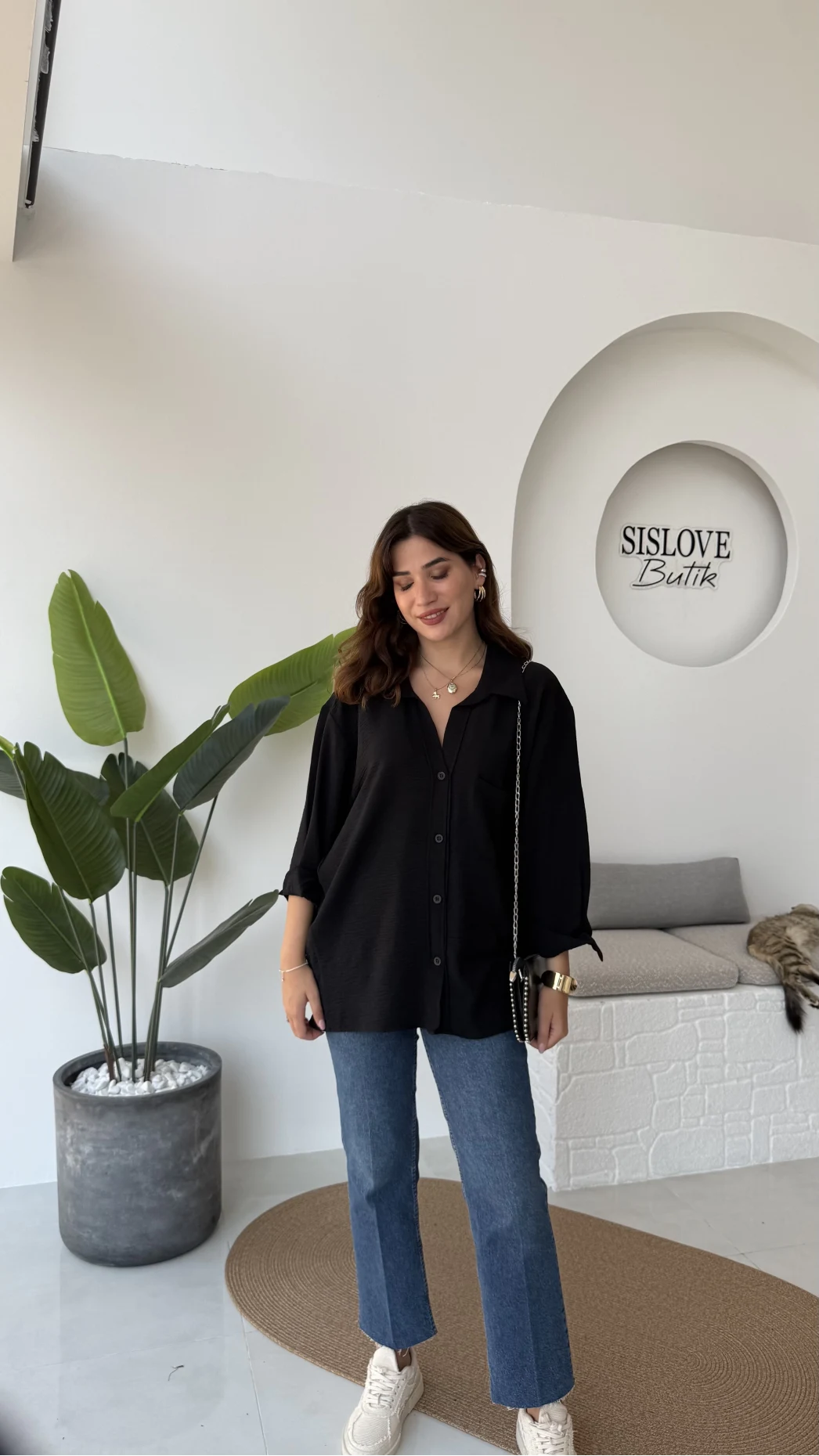 Ayrobin Kumaş Oversize Gömlek - Siyah