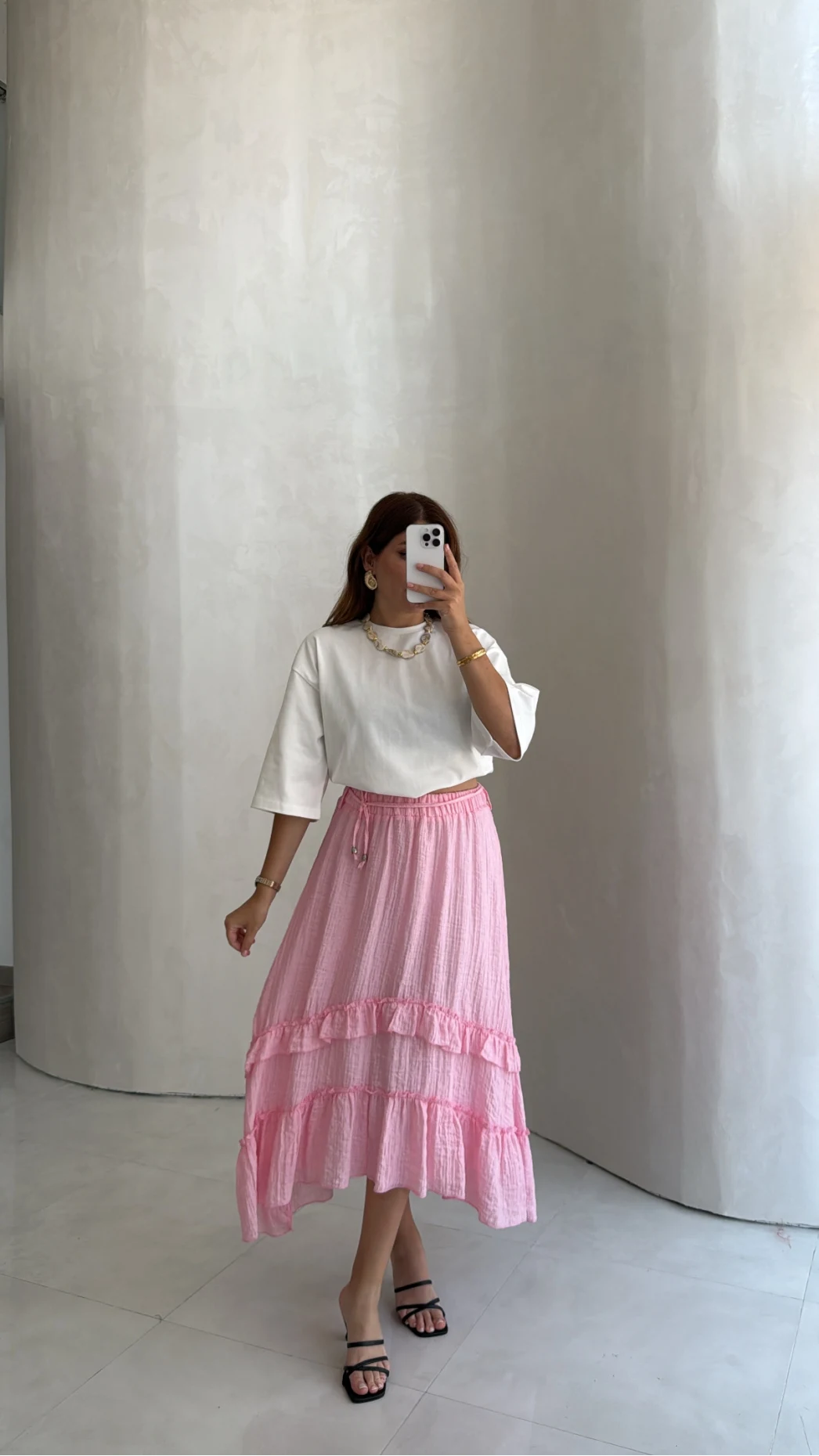 Bağcıklı Katlı Etek - Pembe - Kod: 5095