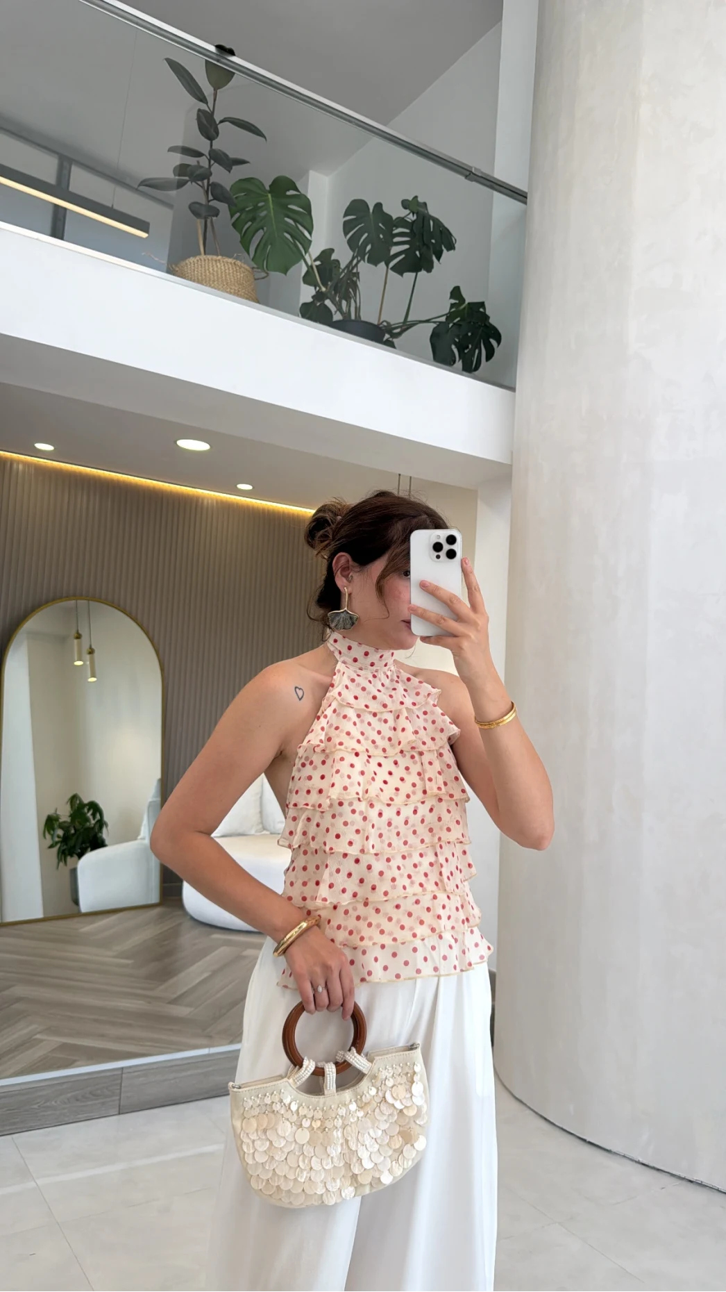 Bağlamalı Puantiye Desenli Fırfırlı Bluz - Ekru - Kod: 3278