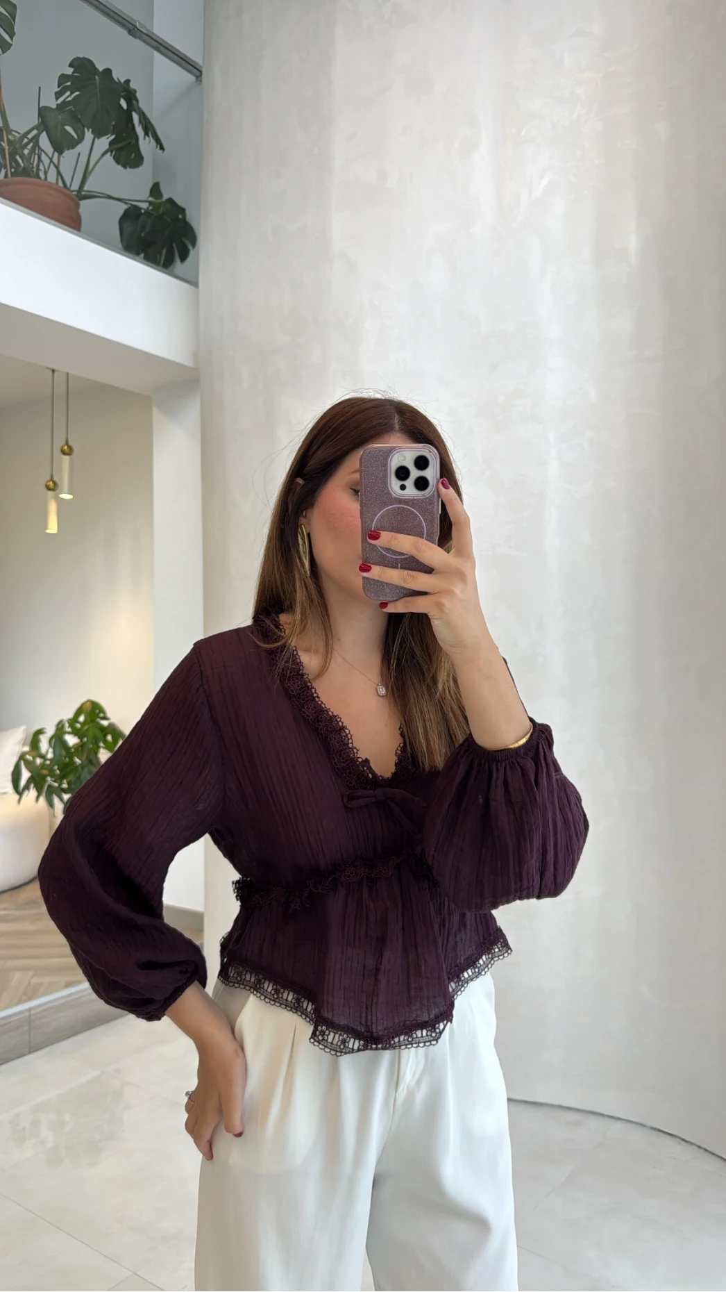 Ballet Dantel Detay Beli Lastikli Bluz - Kahve - Kod: 1093