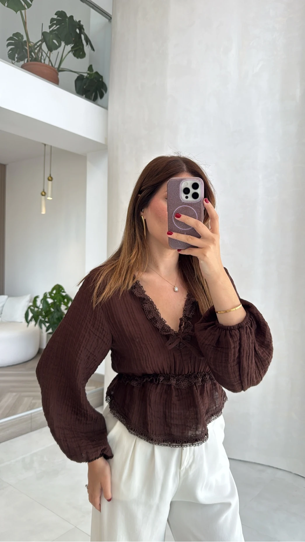 Ballet Dantel Detay Beli Lastikli Bluz - Kahve - Kod: 1093