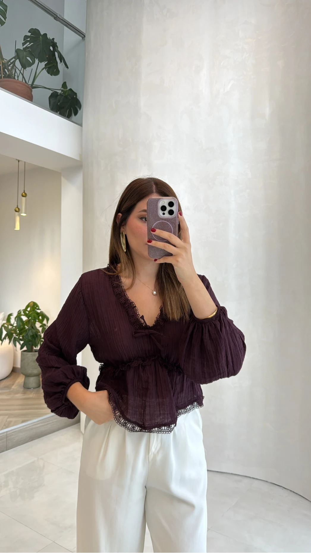 Ballet Dantel Detay Beli Lastikli Bluz - Kahve - Kod: 1093