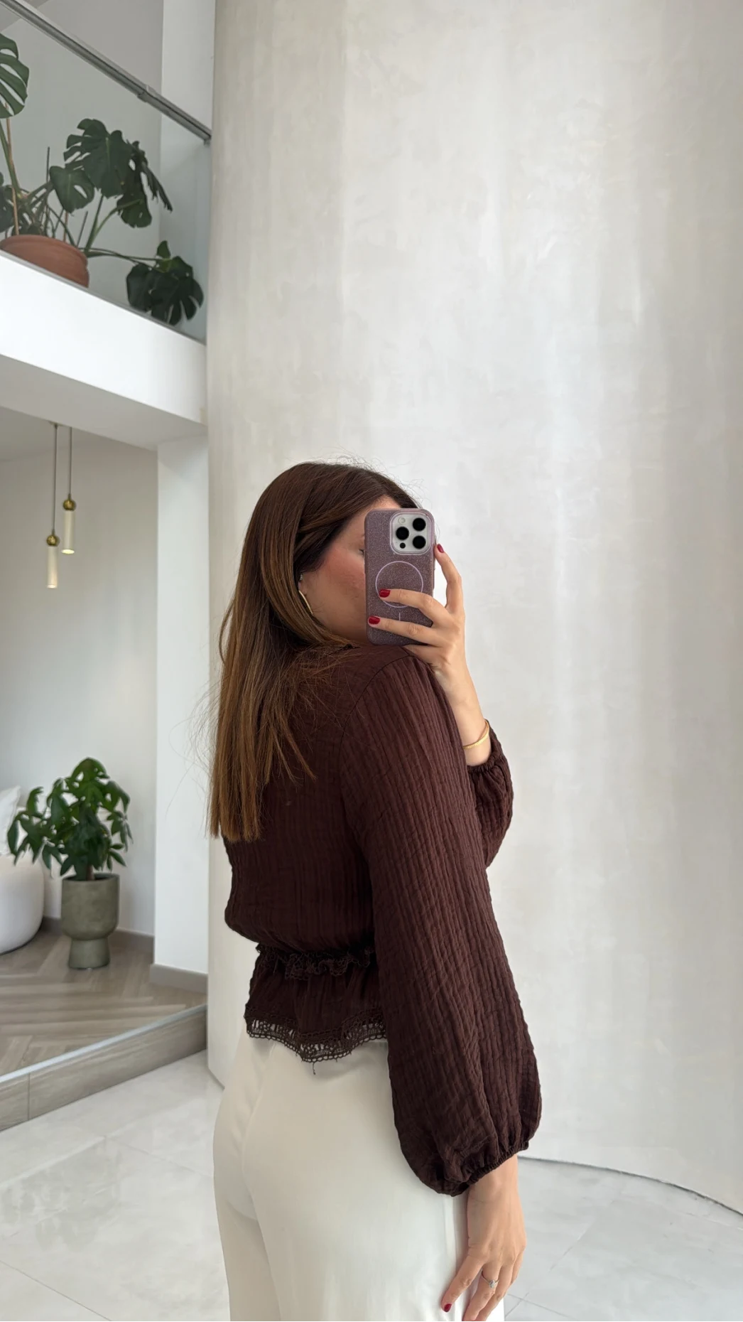 Ballet Dantel Detay Beli Lastikli Bluz - Kahve - Kod: 1093