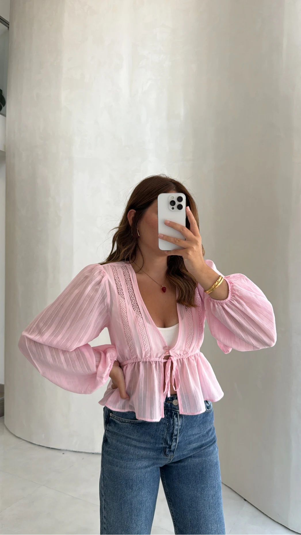 Balon Kol Beli Büzgülü Bluz - Pembe - Kod: 1066