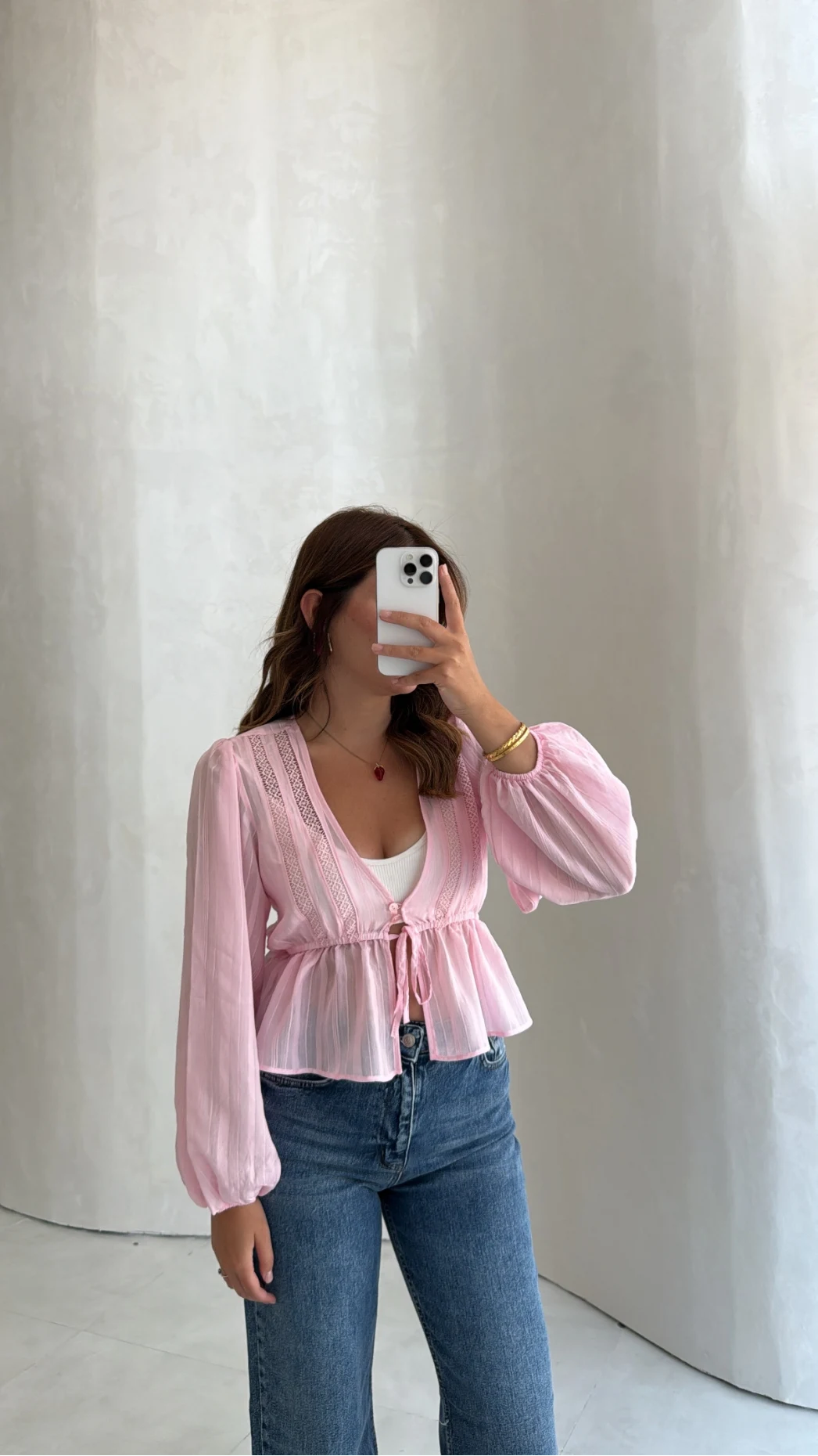 Balon Kol Beli Büzgülü Bluz - Pembe - Kod: 1066