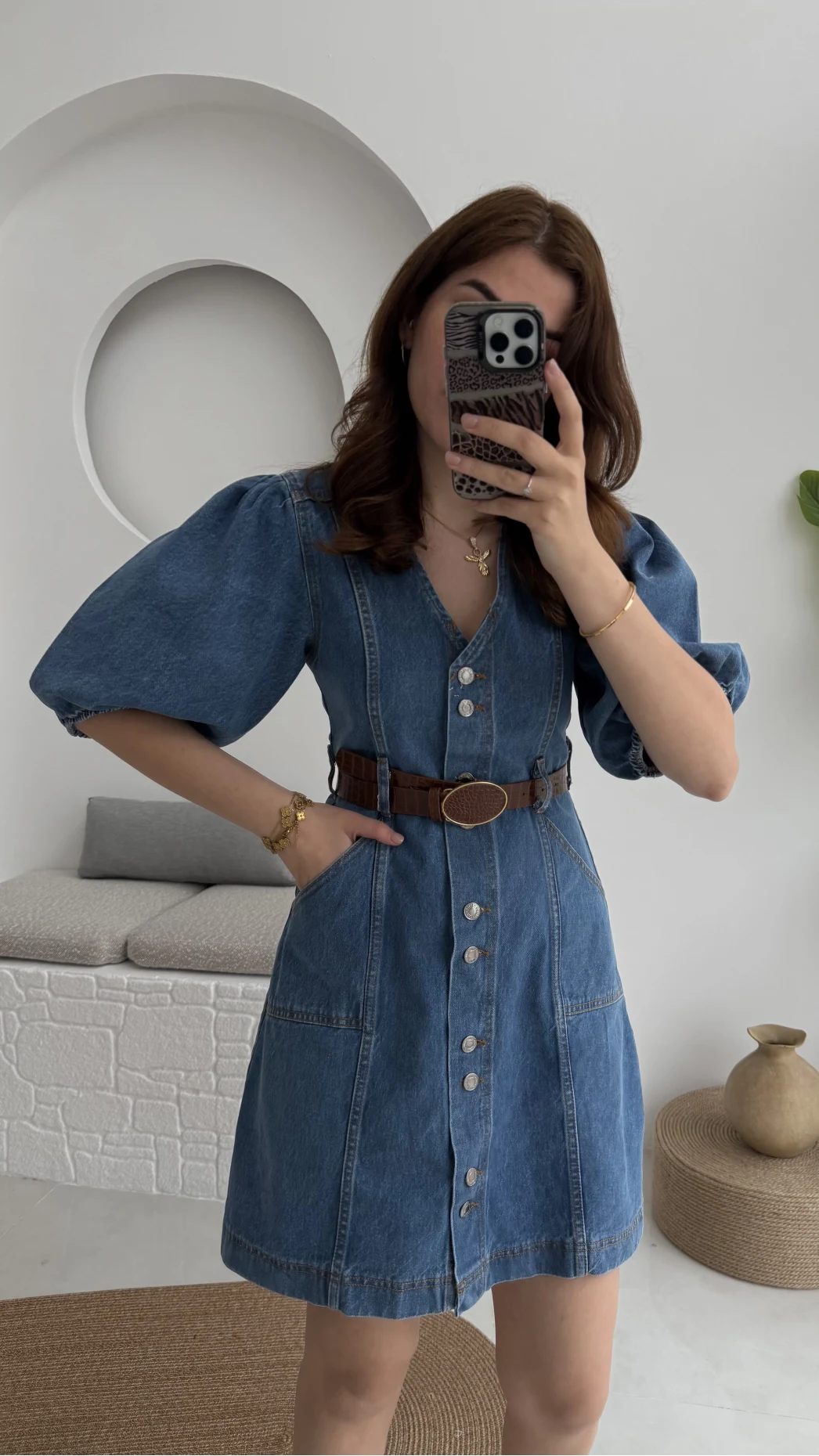 Balon Kol Denim Elbise - Kod: 7526