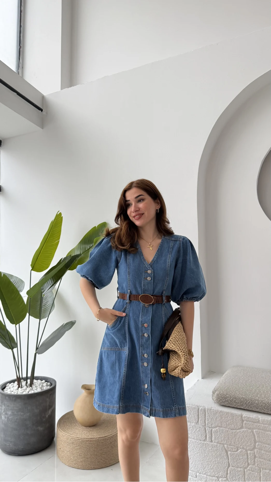 Balon Kol Denim Elbise - Kod: 7526