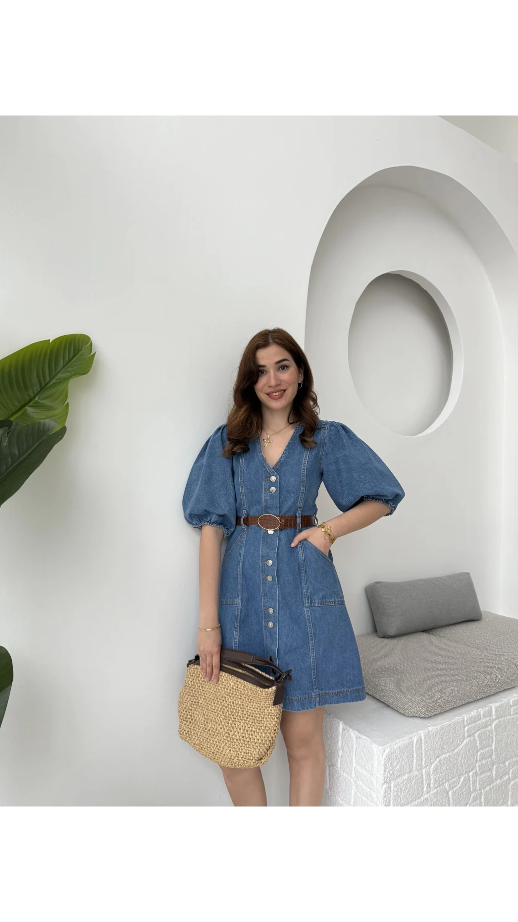Balon Kol Denim Elbise - Kod: 7526