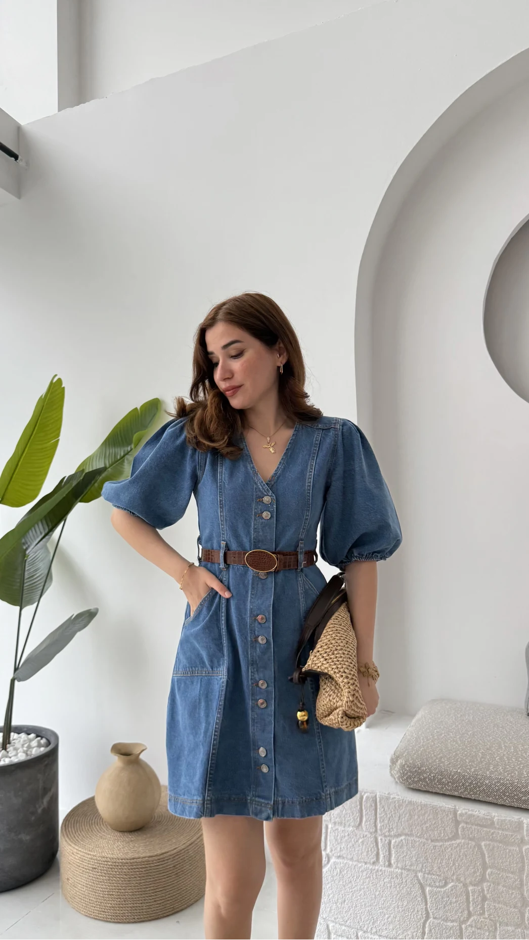 Balon Kol Denim Elbise - Kod: 7526