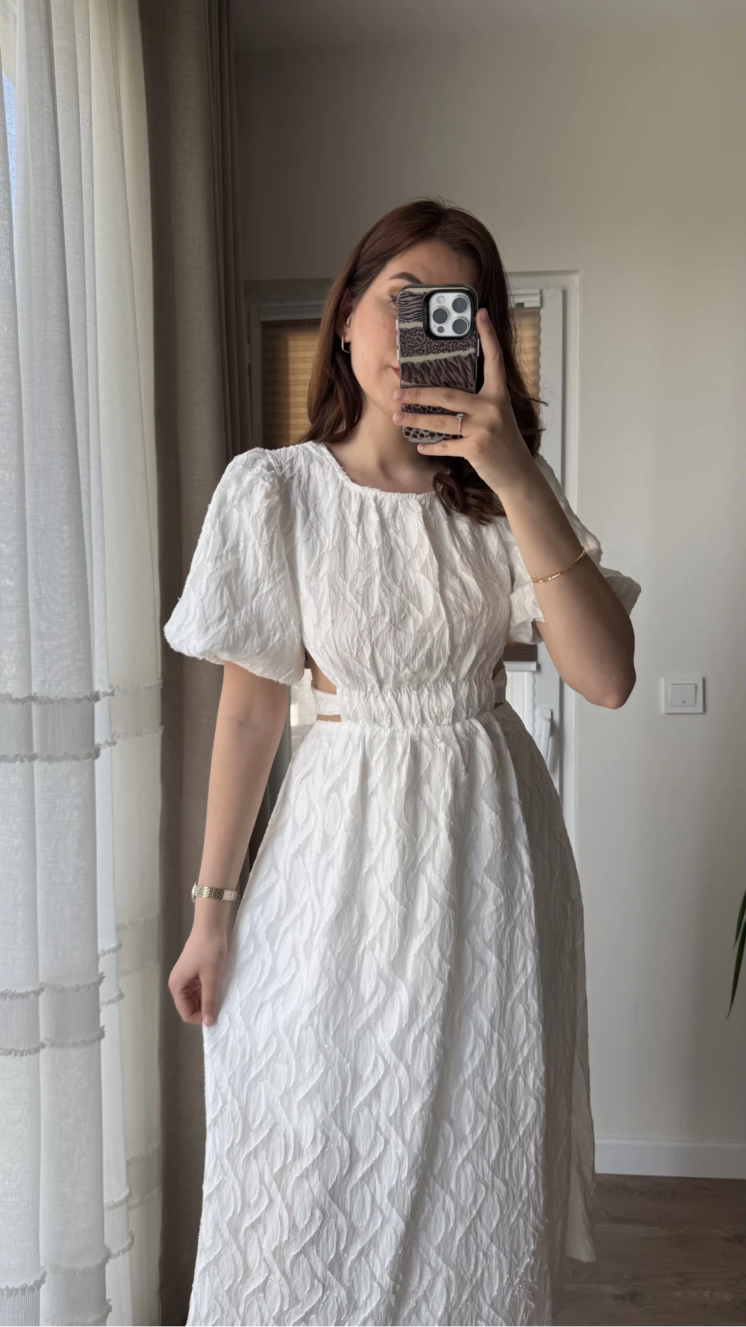 Balon Kol Kuşaklı Beyaz Elbise - 7976