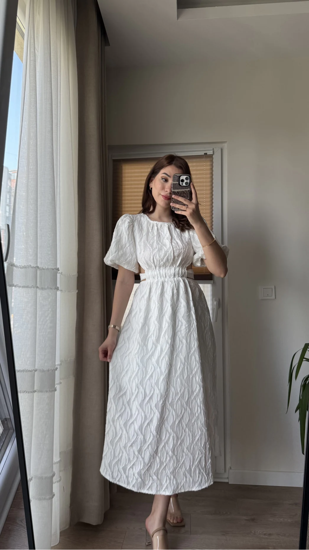 Balon Kol Kuşaklı Beyaz Elbise - 7976