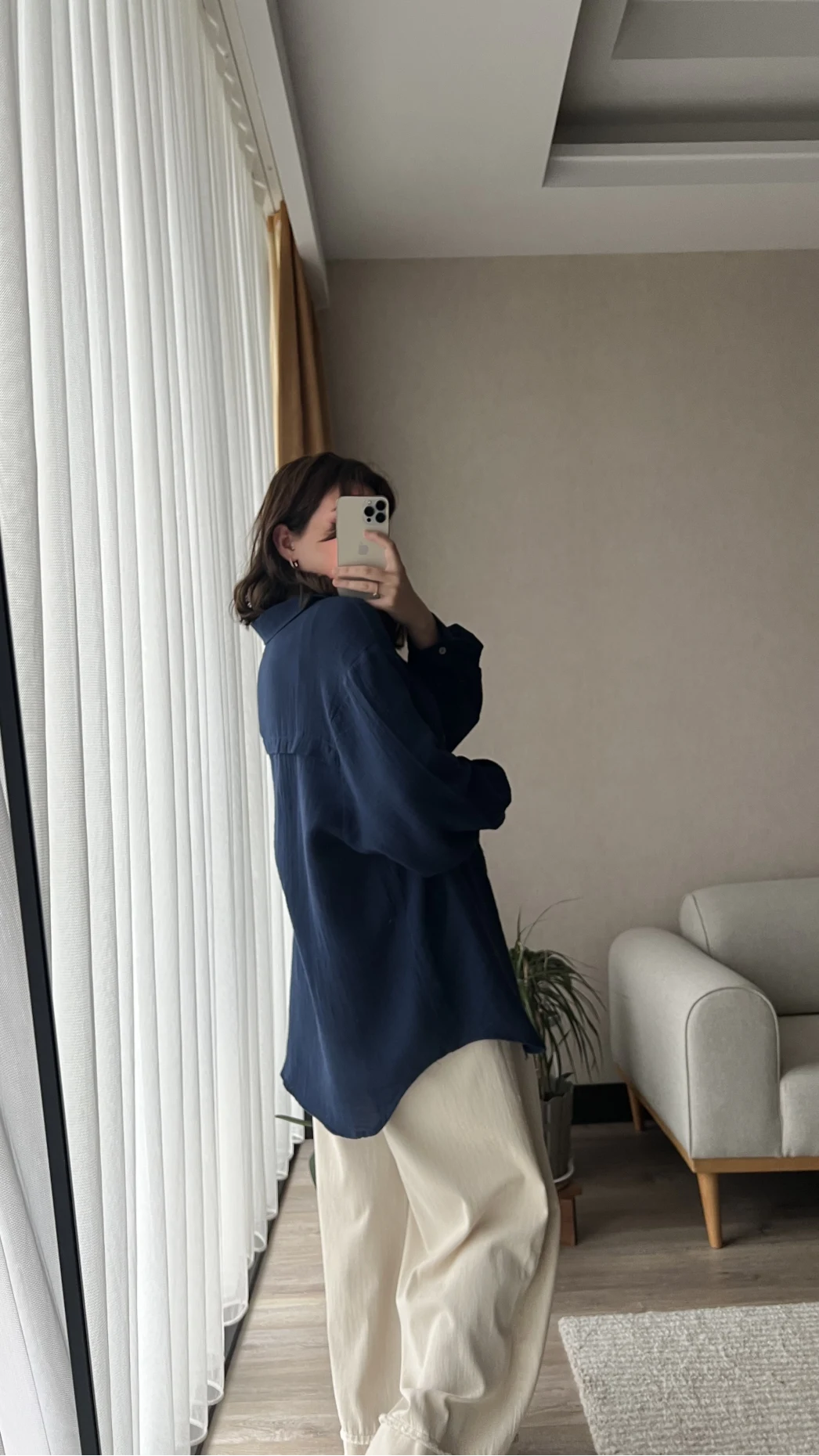 Balon Kol Lacivert Müslin Kumaş Gömlek