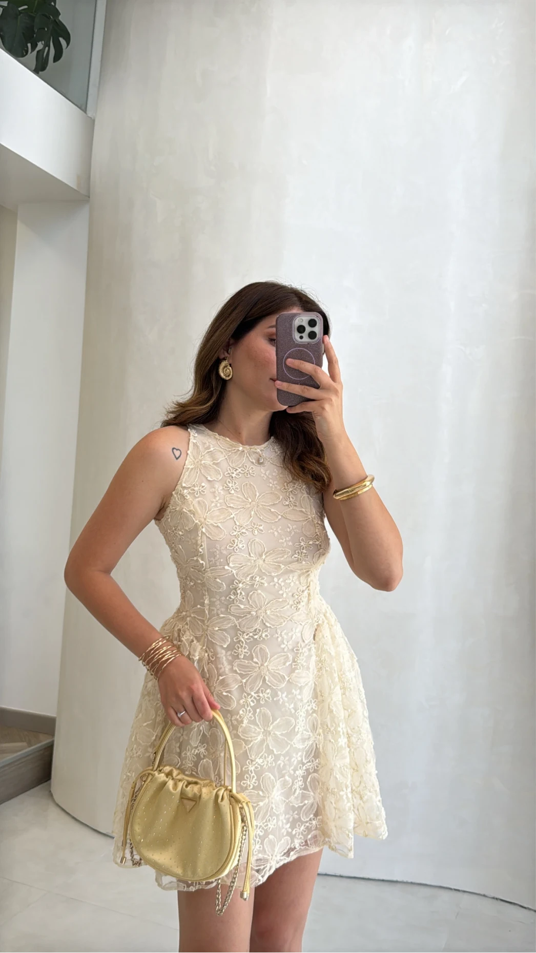 Beautiful Çiçek Dokulu Mini Elbise - Ekru - Kod: 00883