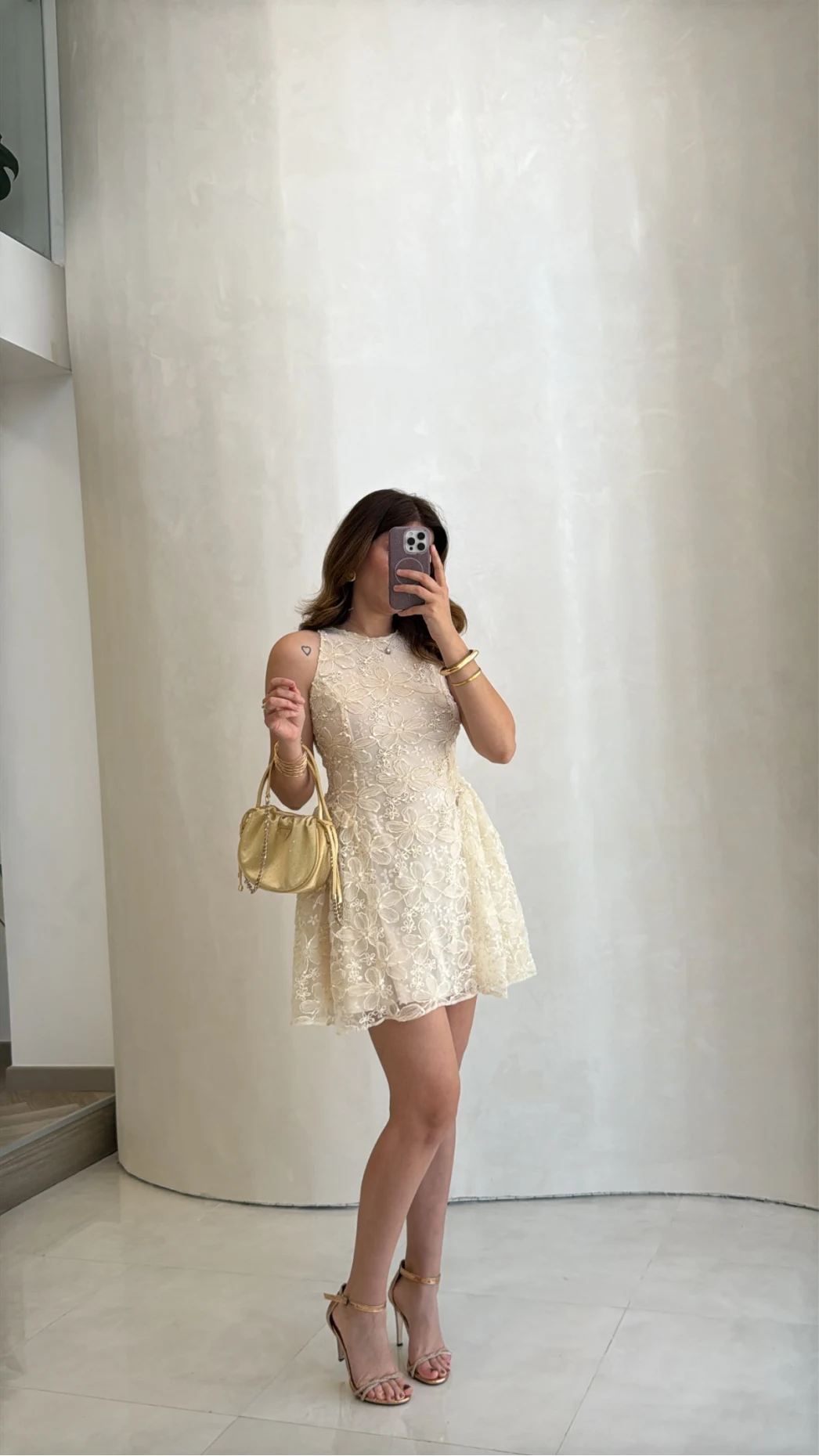 Beautiful Çiçek Dokulu Mini Elbise - Ekru - Kod: 00883