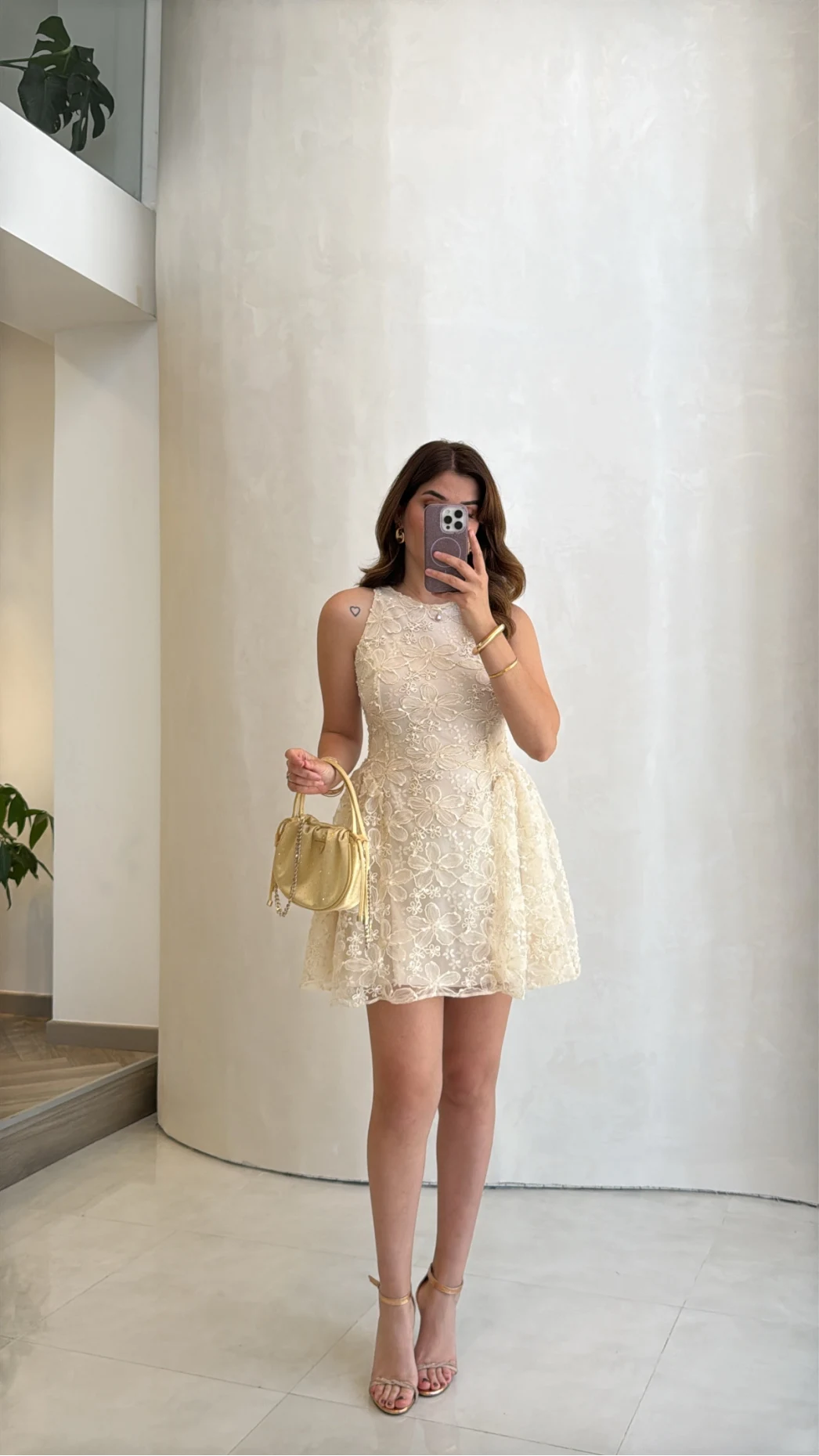 Beautiful Çiçek Dokulu Mini Elbise - Ekru - Kod: 00883