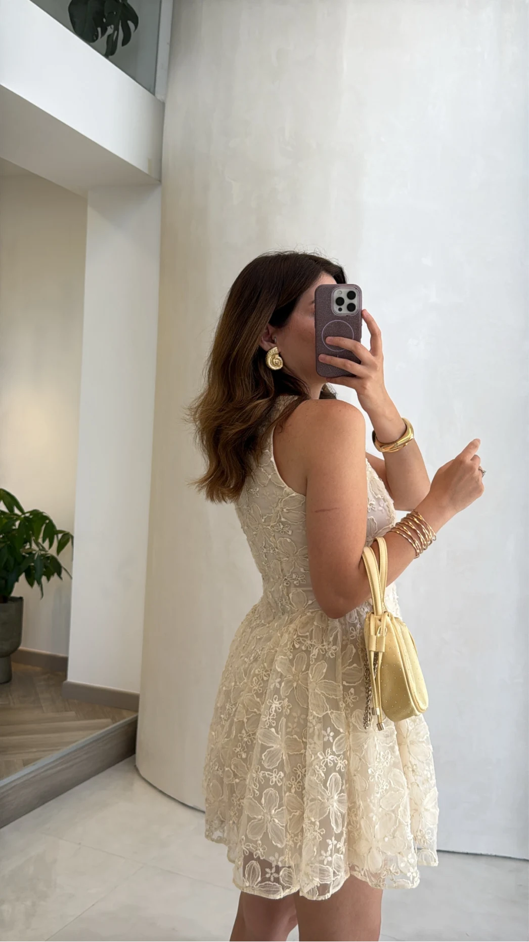 Beautiful Çiçek Dokulu Mini Elbise - Ekru - Kod: 00883
