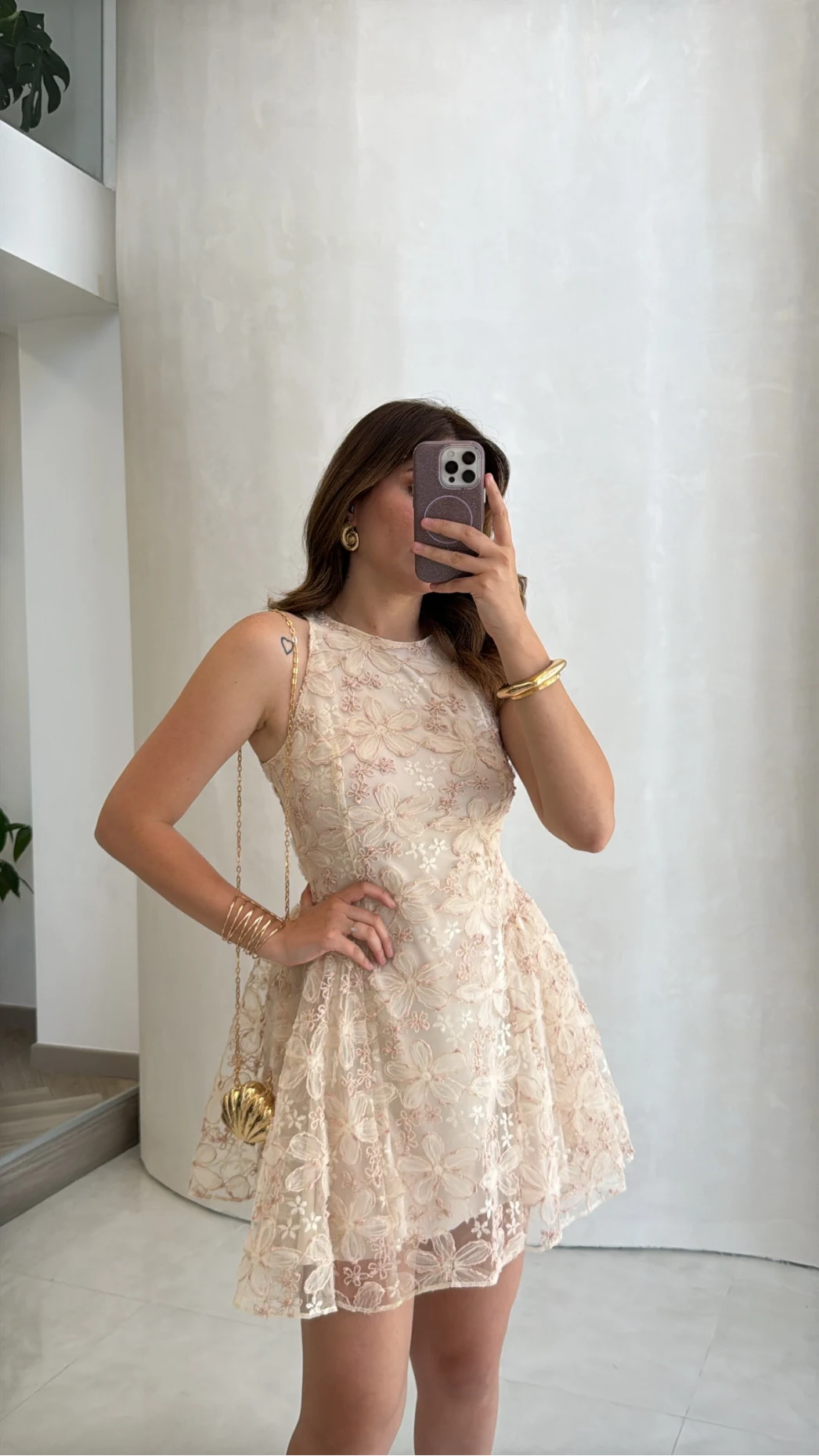 Beautiful Çiçek Dokulu Mini Elbise - Pembe - Kod: 00883