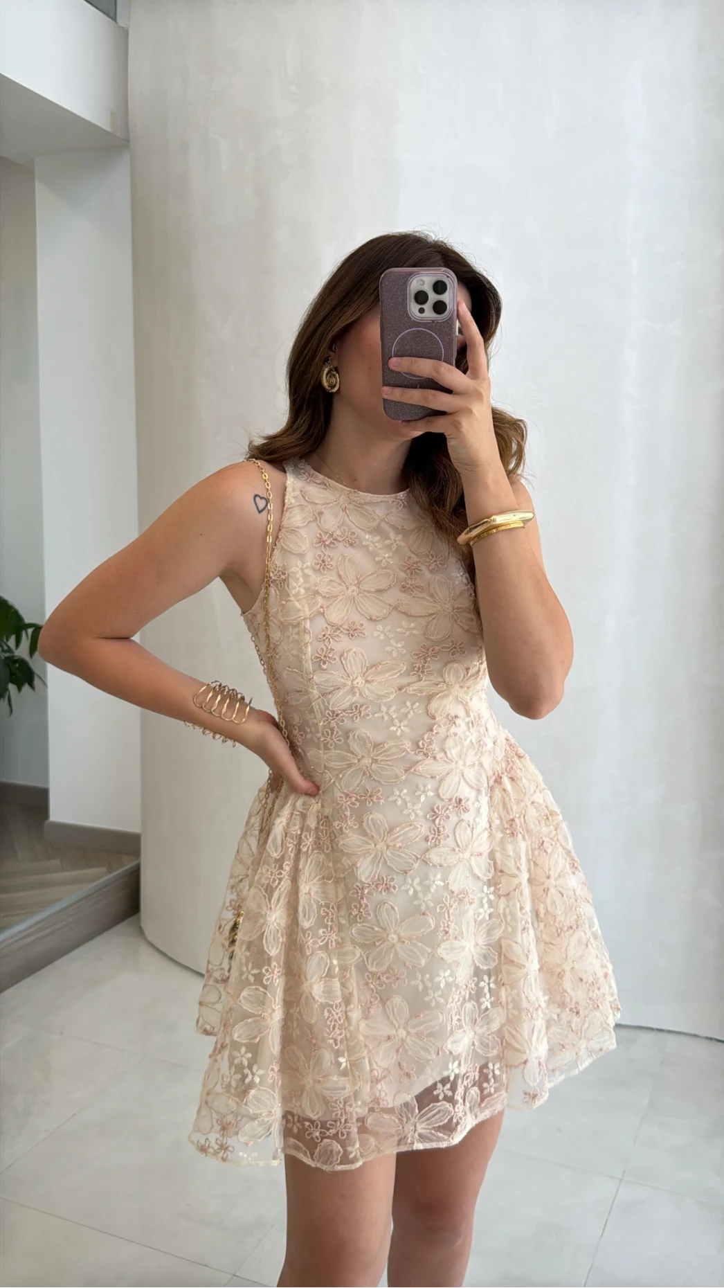 Beautiful Çiçek Dokulu Mini Elbise - Pembe - Kod: 00883