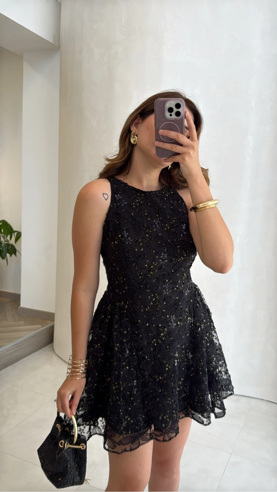 Beautiful Çiçek Dokulu Mini Elbise - Siyah - Kod: 00883