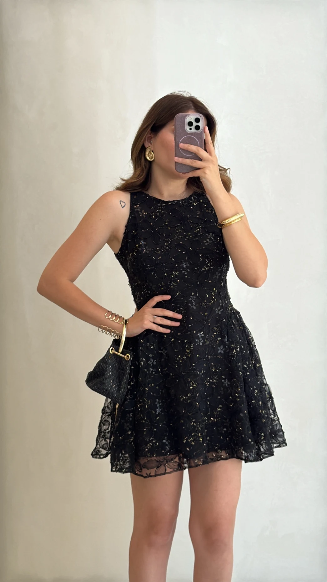 Beautiful Çiçek Dokulu Mini Elbise - Siyah - Kod: 00883