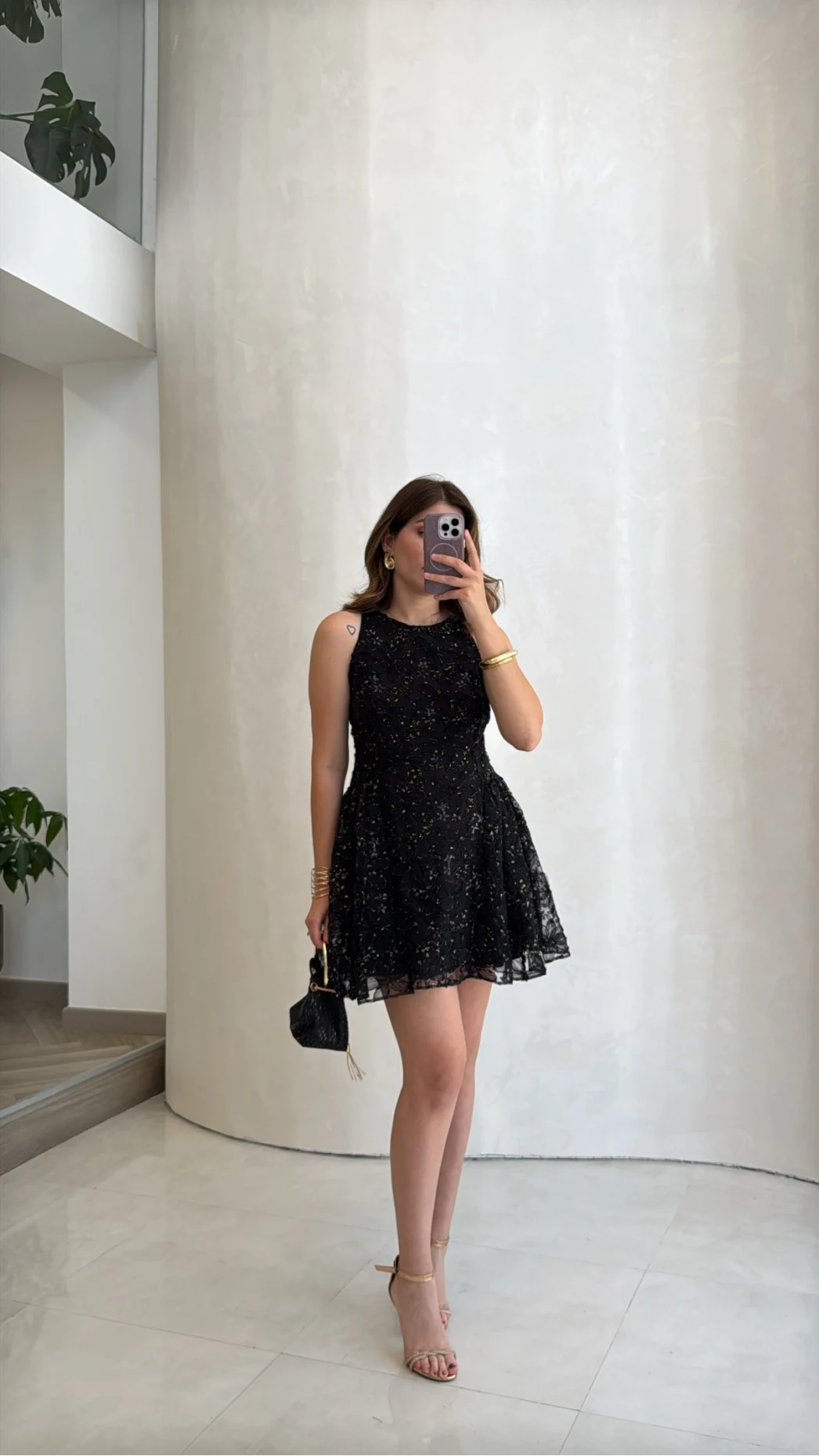Beautiful Çiçek Dokulu Mini Elbise - Siyah - Kod: 00883