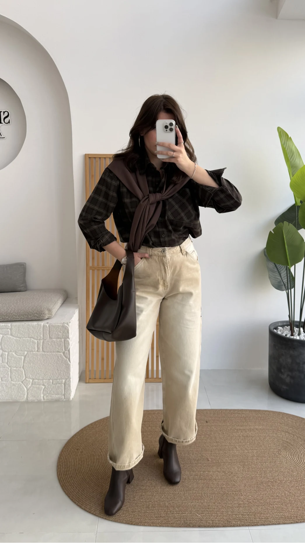 Bej Yüksek Bel Baggy Denim Pantolon