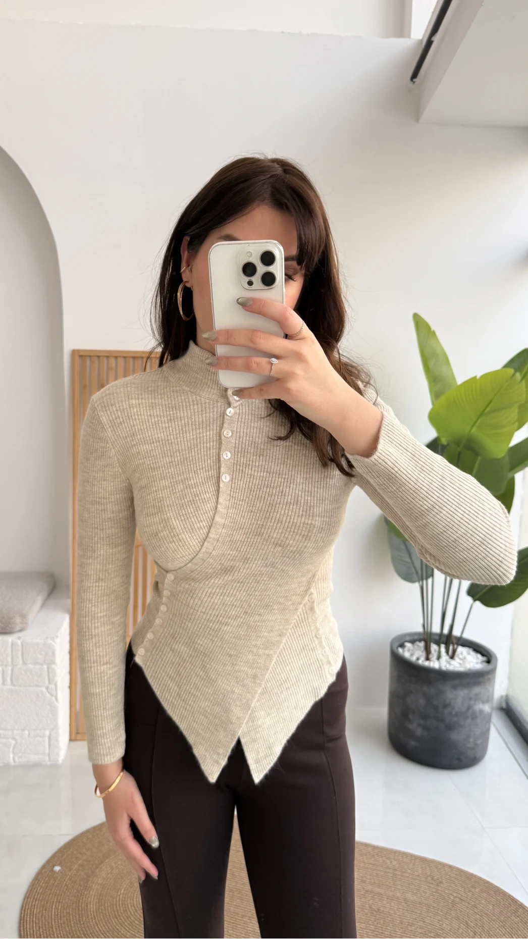 Belden Düğmeli Triko Kazak - Bej - Kod: 251027