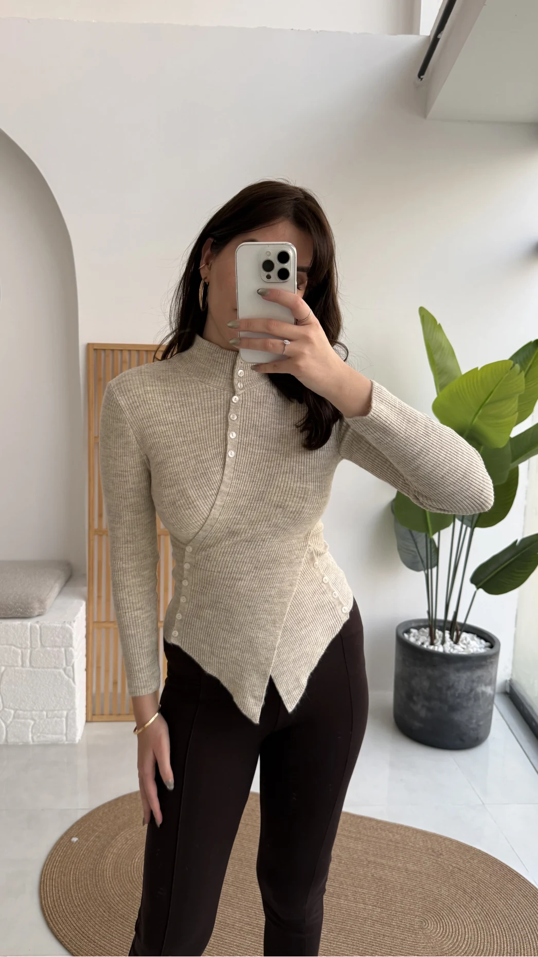 Belden Düğmeli Triko Kazak - Bej - Kod: 251027