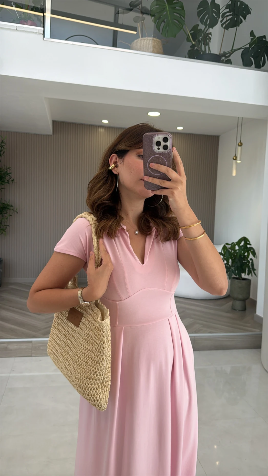 Bele Oturan Yaka Detay Elbise - Pembe - Kod: 4129