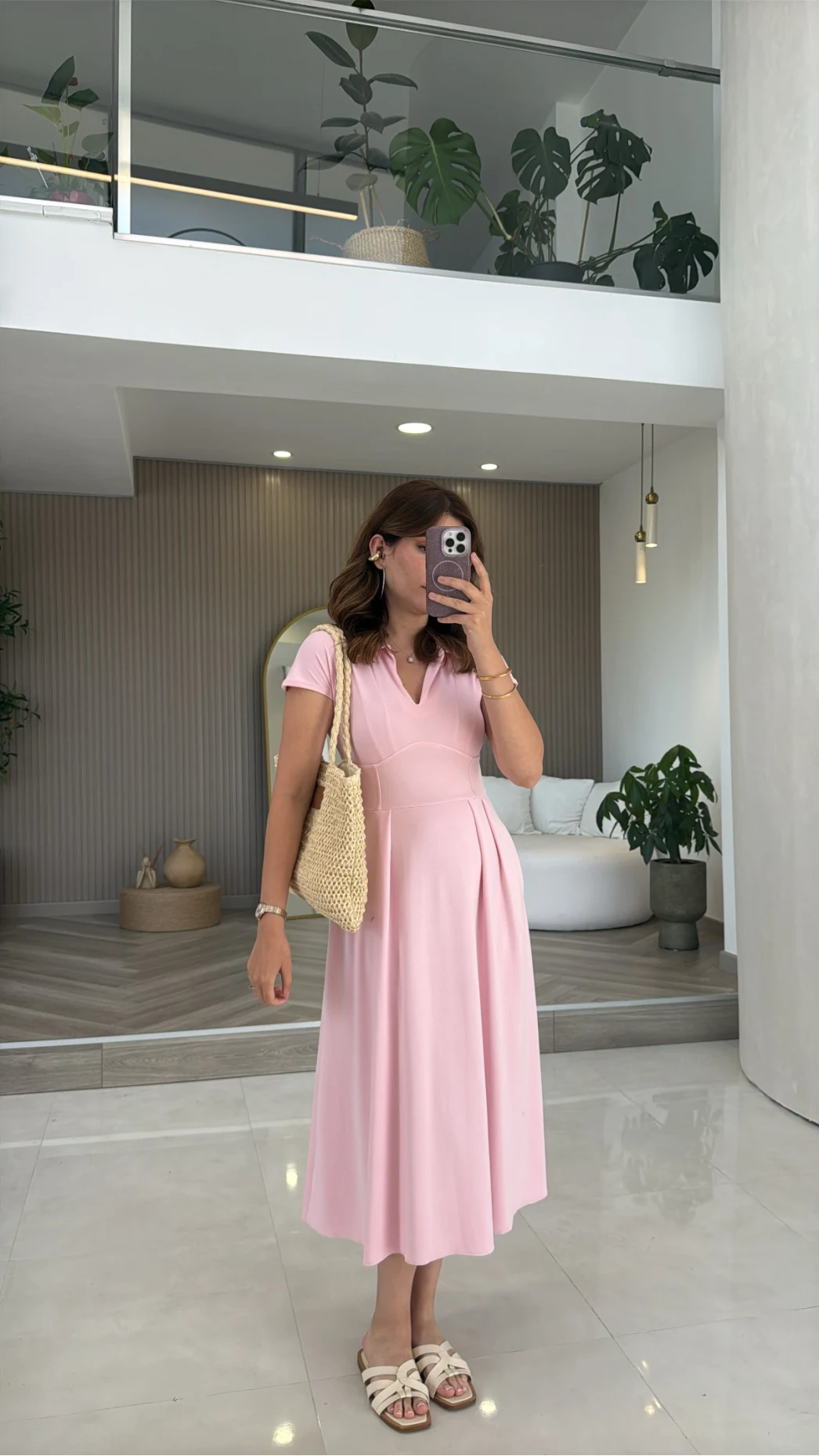 Bele Oturan Yaka Detay Elbise - Pembe - Kod: 4129