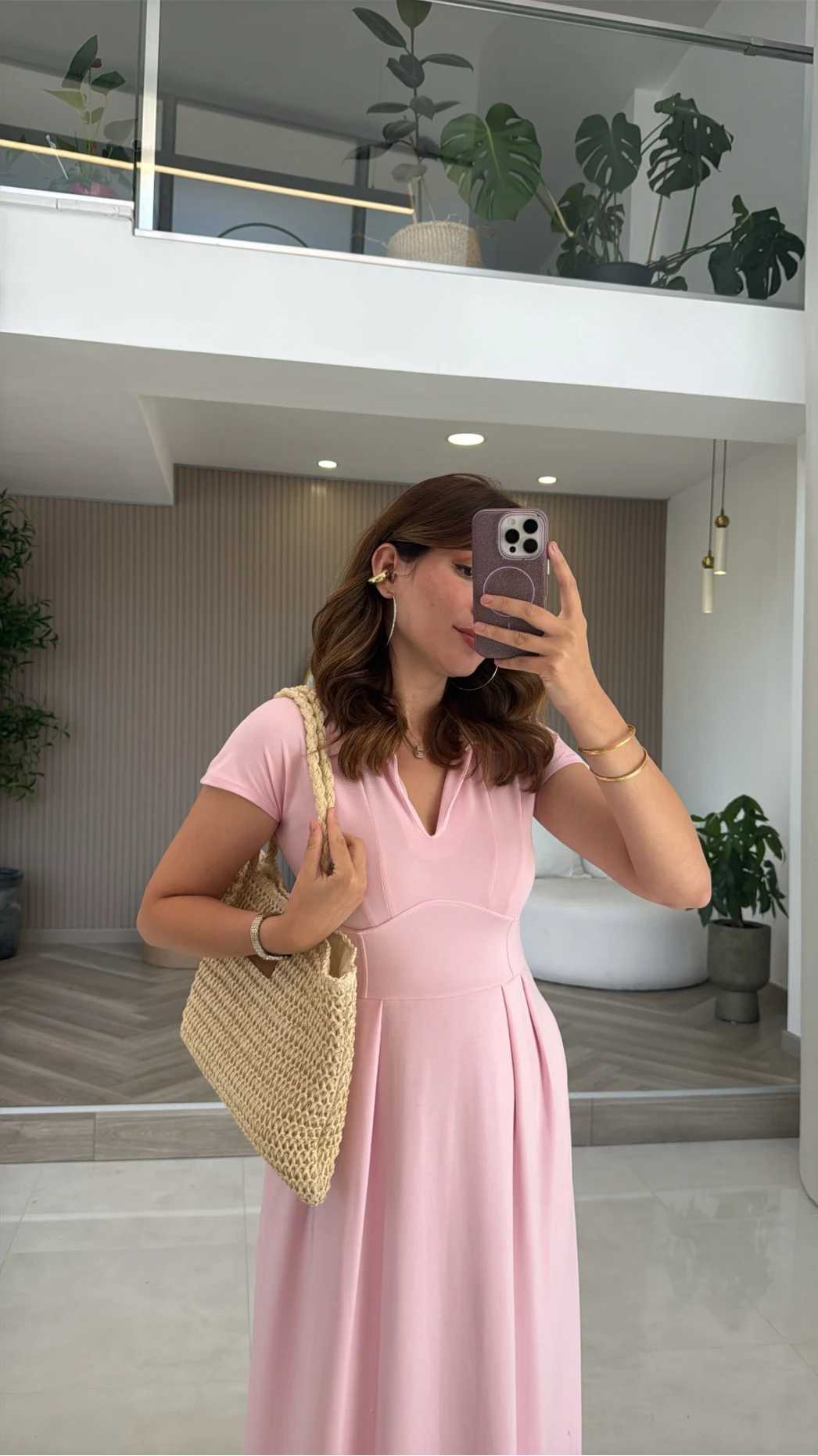 Bele Oturan Yaka Detay Elbise - Pembe - Kod: 4129