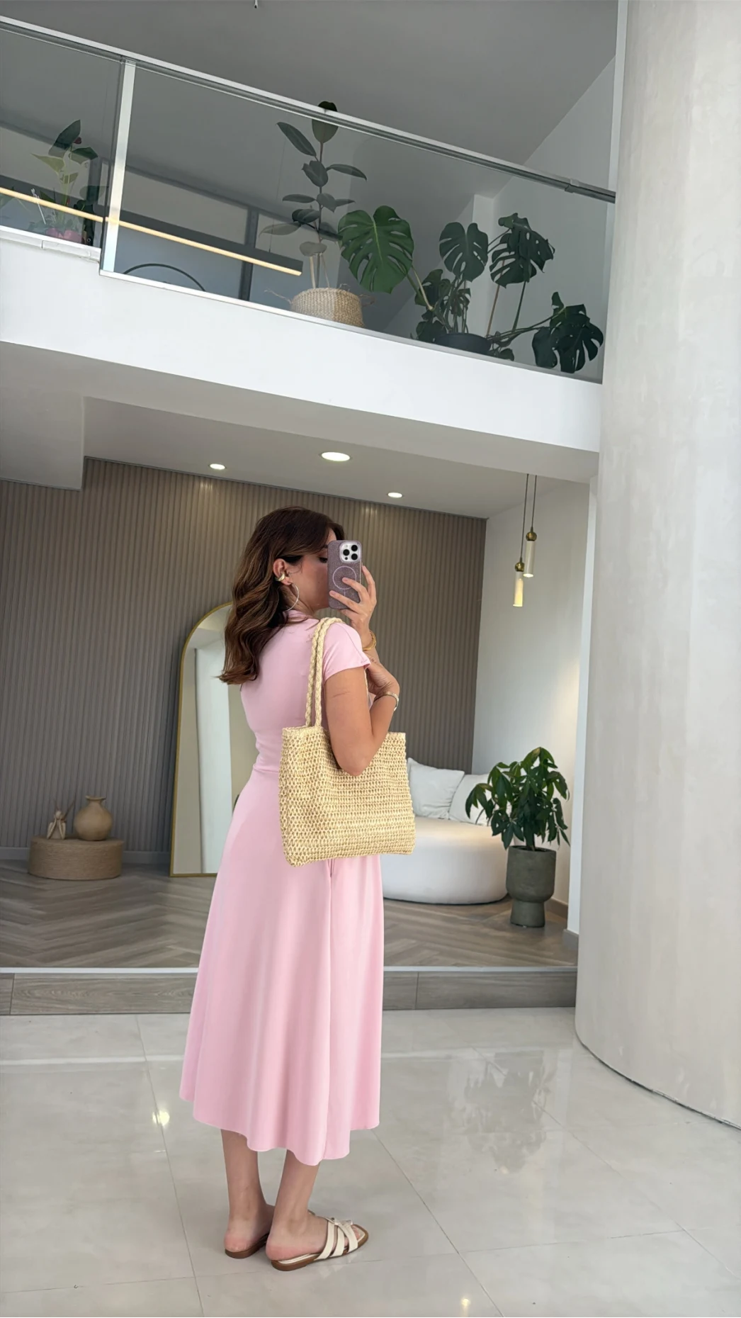 Bele Oturan Yaka Detay Elbise - Pembe - Kod: 4129