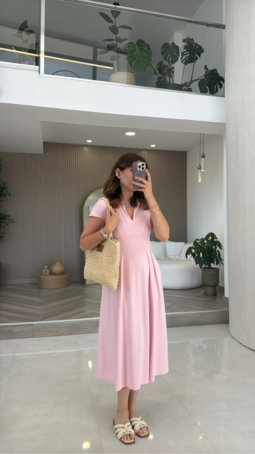 Bele Oturan Yaka Detay Elbise - Pembe - Kod: 4129