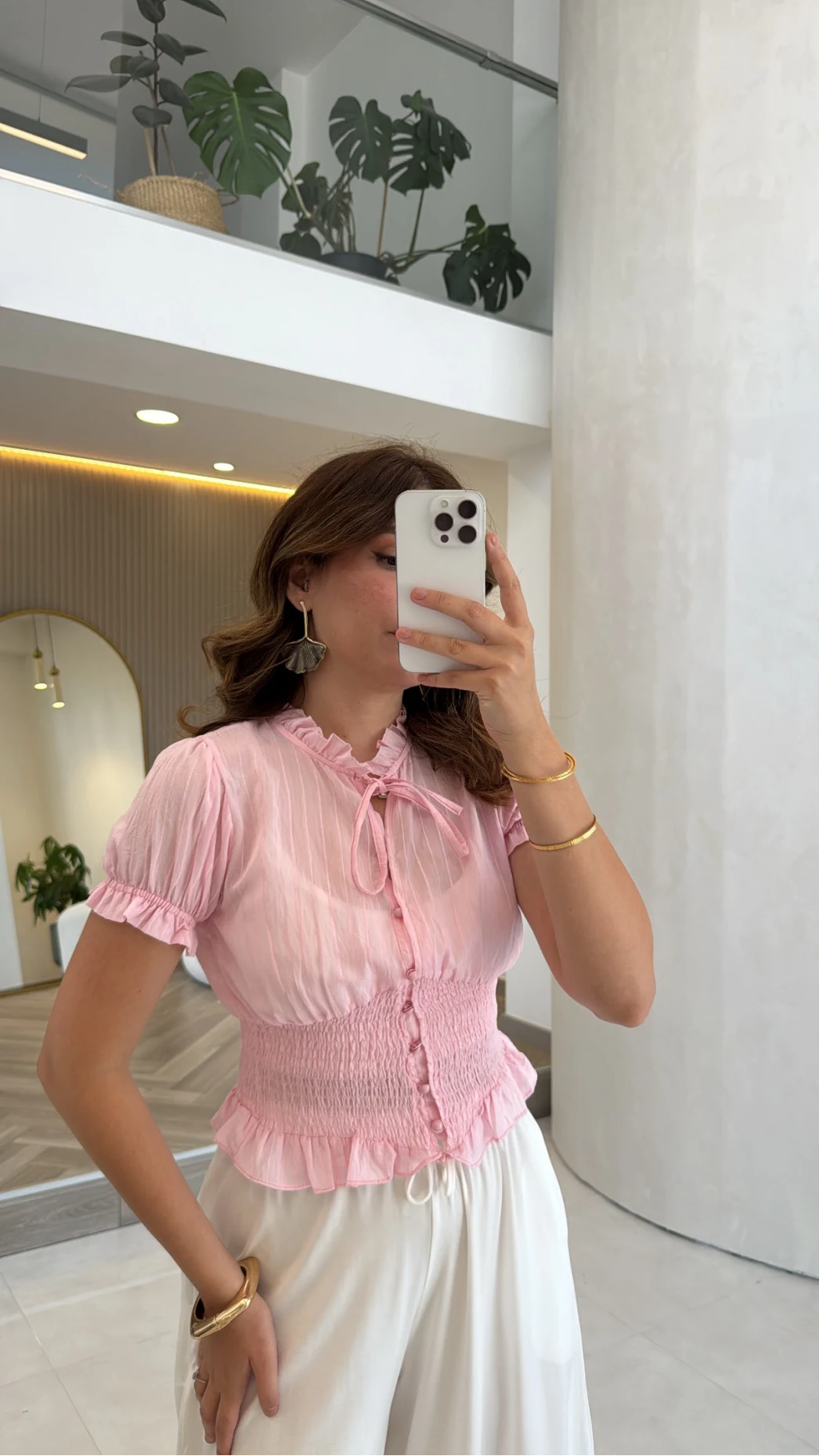 Beli Gipeli Balon Kol Gömlek - Pembe - Kod: 2298
