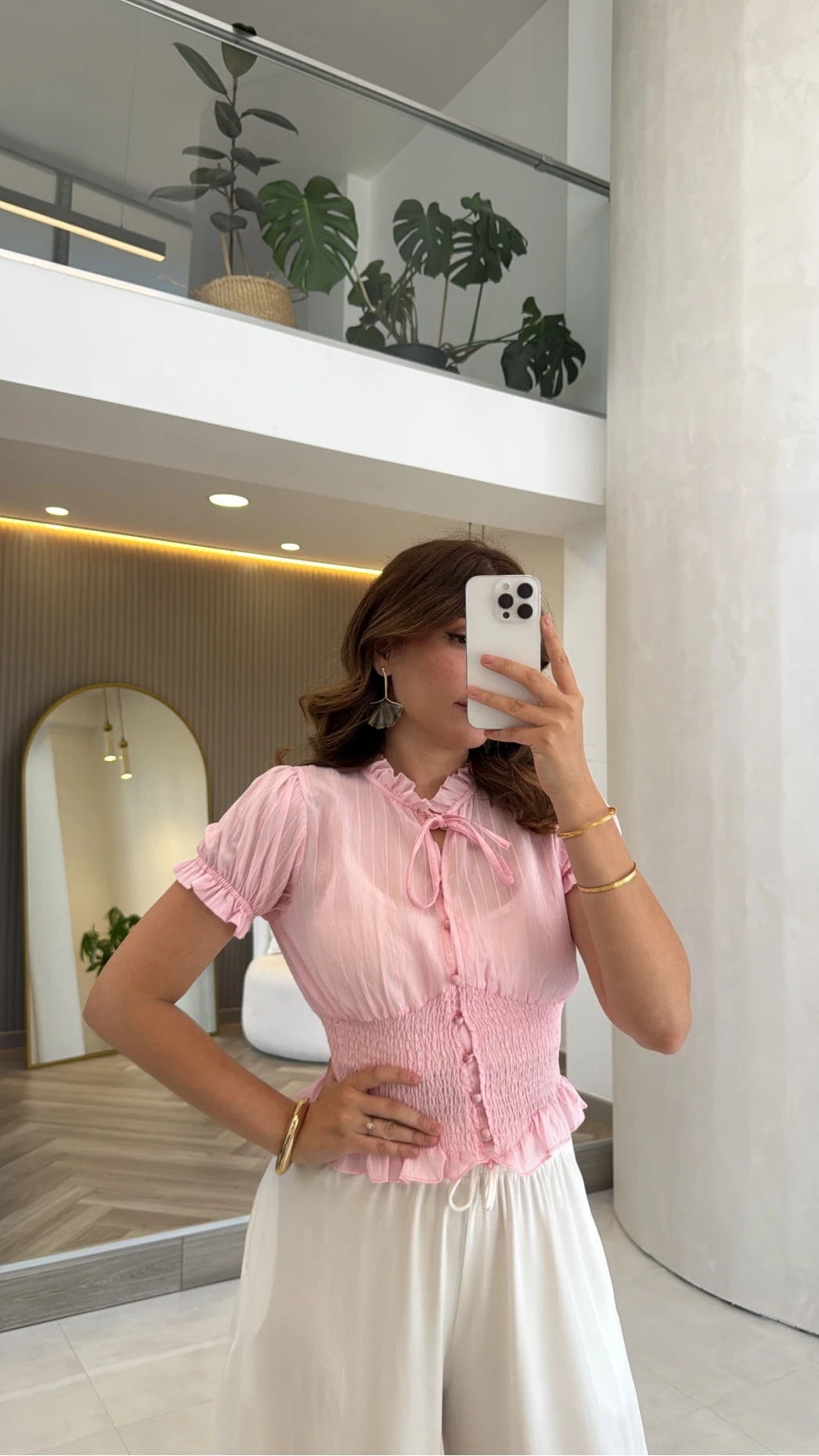 Beli Gipeli Balon Kol Gömlek - Pembe - Kod: 2298