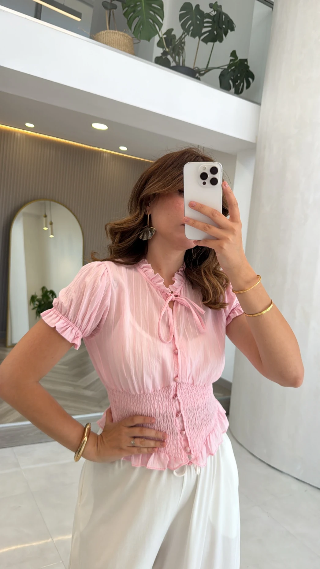 Beli Gipeli Balon Kol Gömlek - Pembe - Kod: 2298