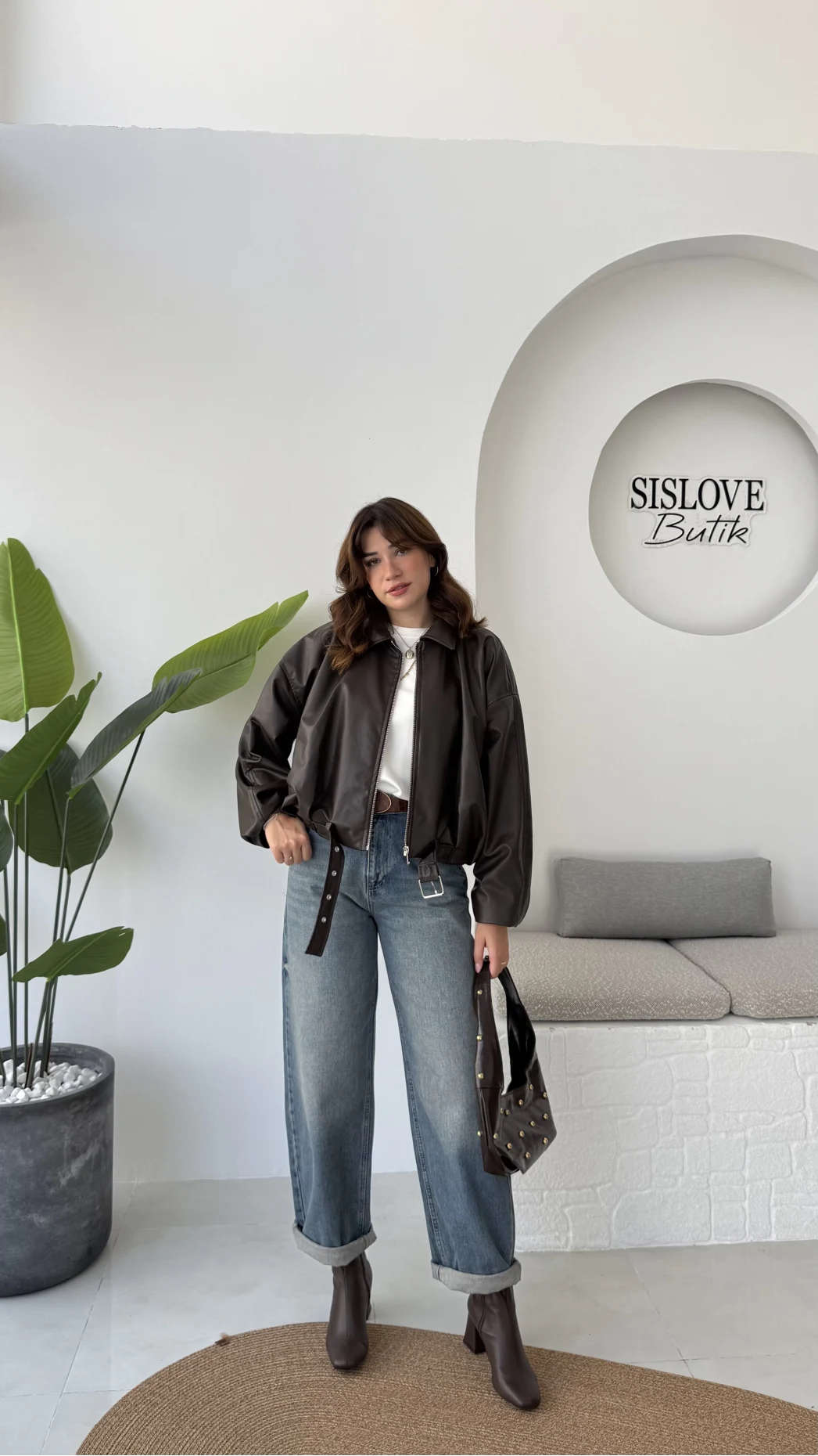 Beli Kemerli Deri Ceket - Kahve - Kod: 3137