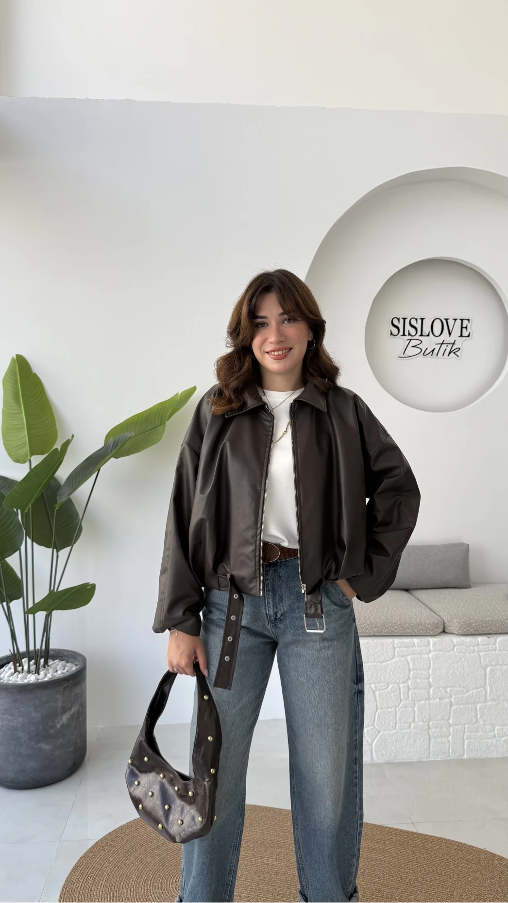 Beli Kemerli Deri Ceket - Kahve - Kod: 3137