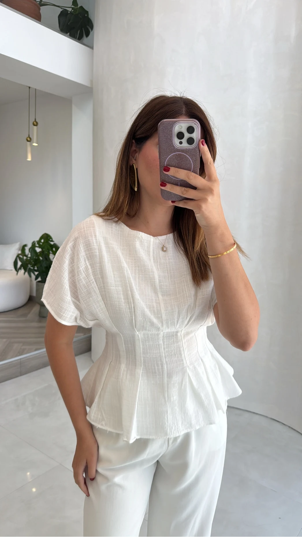 Beli Pileli Bluz - Beyaz - Kod: 1078