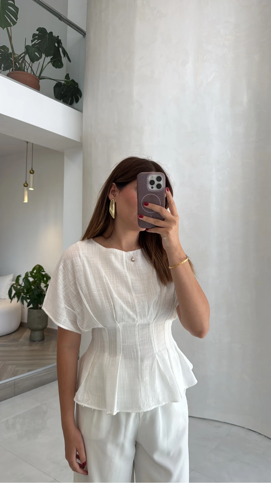 Beli Pileli Bluz - Beyaz - Kod: 1078