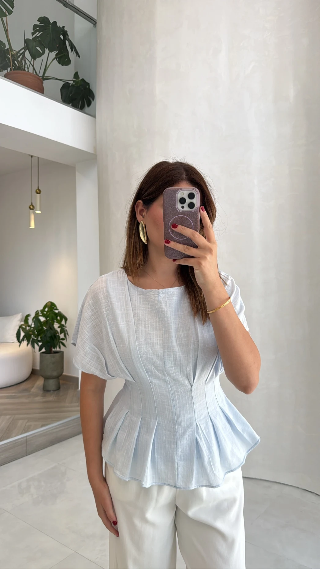 Beli Pileli Bluz - Mavi - Kod: 1078