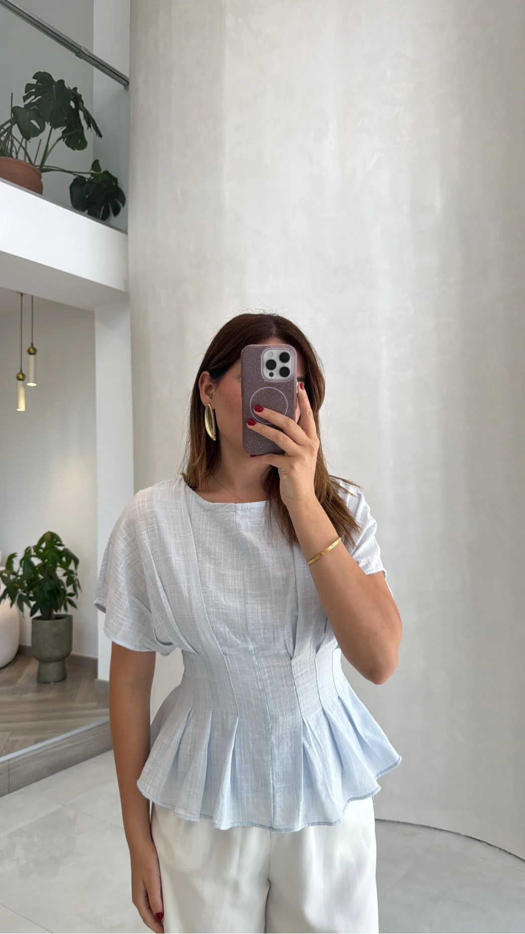 Beli Pileli Bluz - Mavi - Kod: 1078
