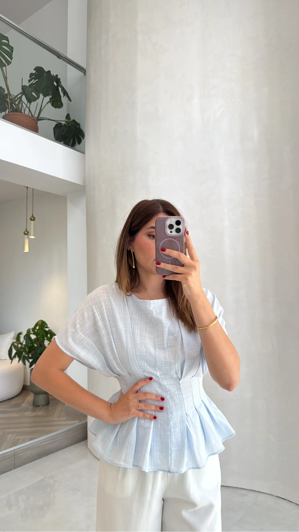 Beli Pileli Bluz - Mavi - Kod: 1078